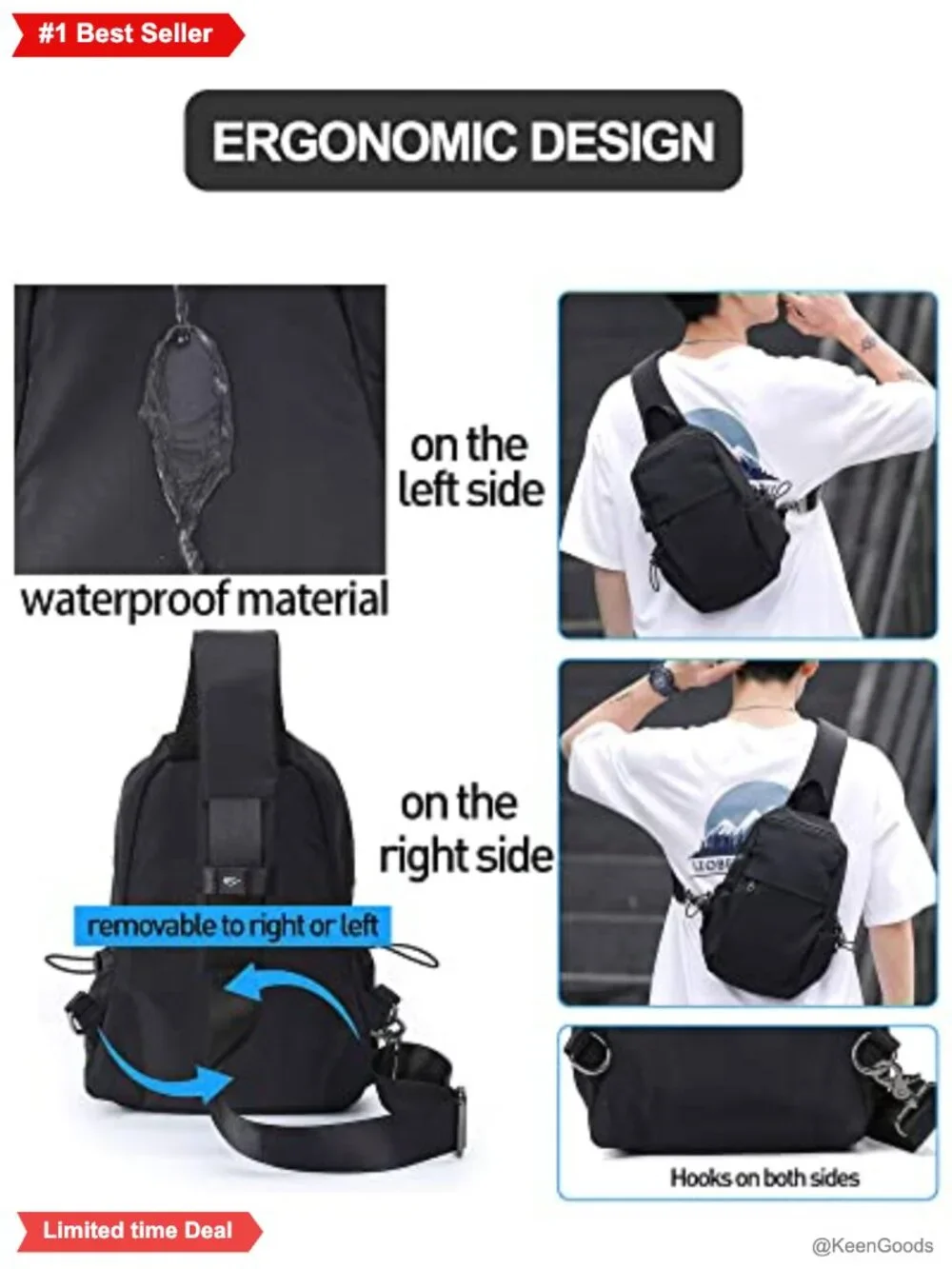 Small Nylon Sling Crossbody Backpack One Strap USB Charging Port Hiking Daypack